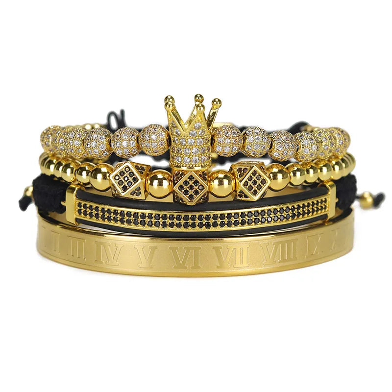 4Pcs/Set Luxury Stainless Steel Roman Numbers Engraved Bangle Micro Inlaid Zircon Ball Crown Bracelet Set