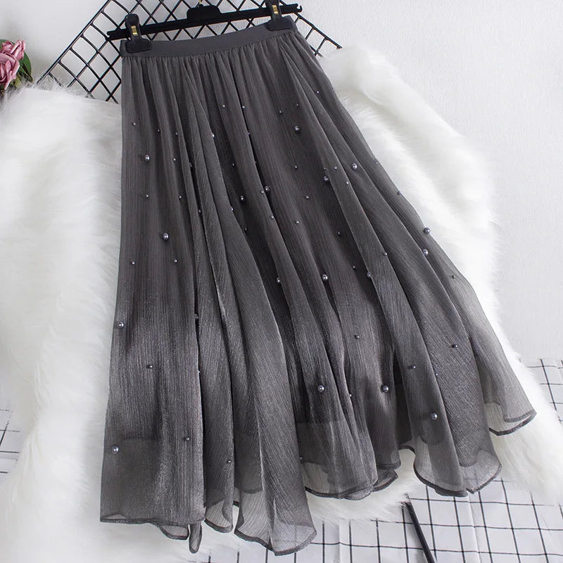 Hot Sale Long Pearl Casual Women'S Tulle Skirt Summer High Waisted A-Line Skirts Lady Woman Mesh Skirts
