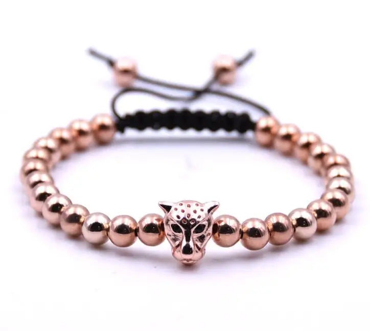 Newest Men Stainless Steel Leopard Head Beaded Bracelet Roman Knight Warrior Spartan Bracelet Men Jewelry 6mm Crystal Adjustable