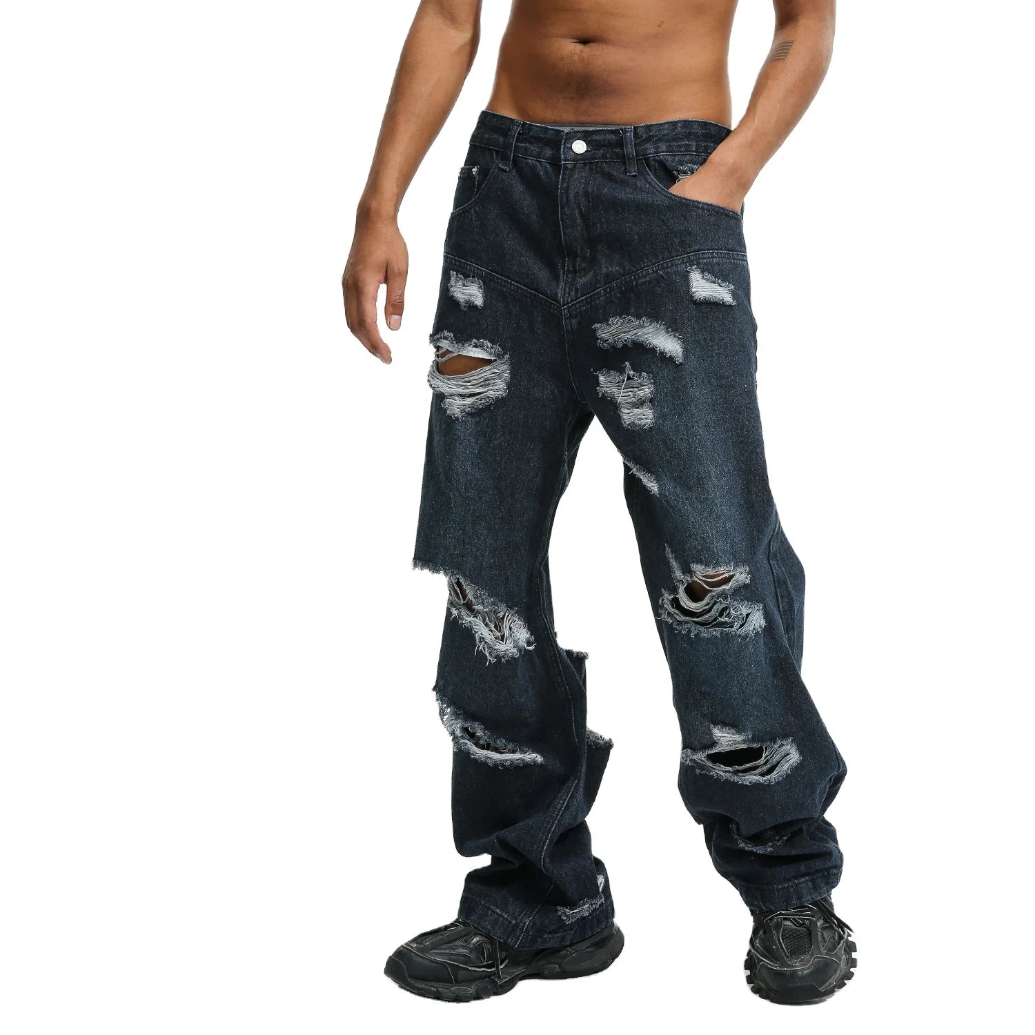 2024 Wholesale Straight Denim Jeans Dark Blue Streetstyle Jeans Distreeted Style Ripped Jeans Men