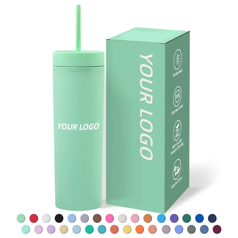 Wholesale Customized Matte Painted Double Wall 16oz  Acrylic Plastic Skinny Tumbler With Lid and Straw