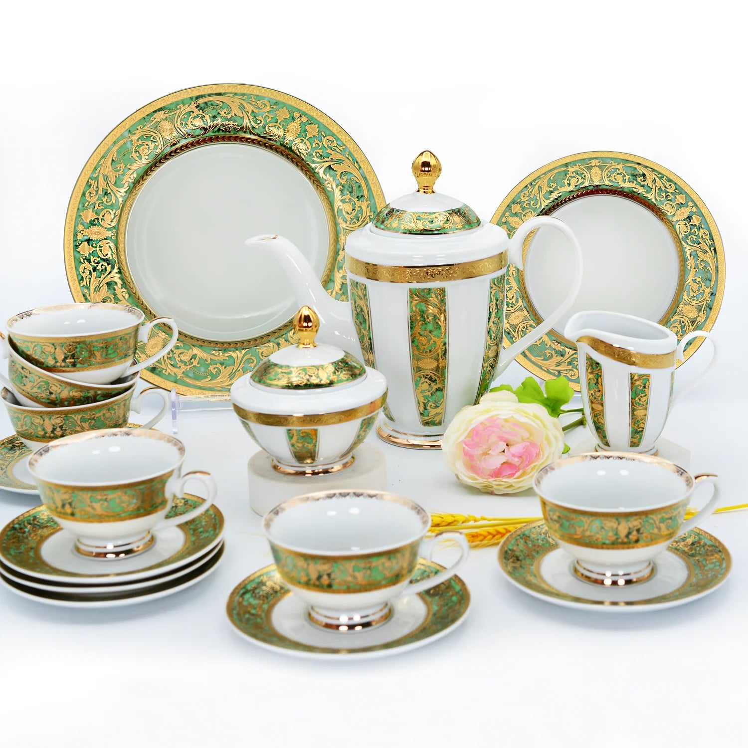 Karosa 24pcs Embossed Gold Green Color Porcelain Luxury Style Bone China Coffee Tea Cup Set for Afternoon Tea