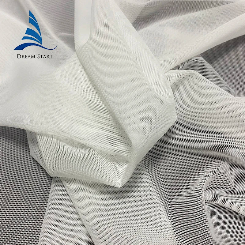 High Quality 63\" White Polyester Spandex Sports Stretch Fabric Soft Skin-Friendly Power Mesh Lightweight Knitted Stock Weddings