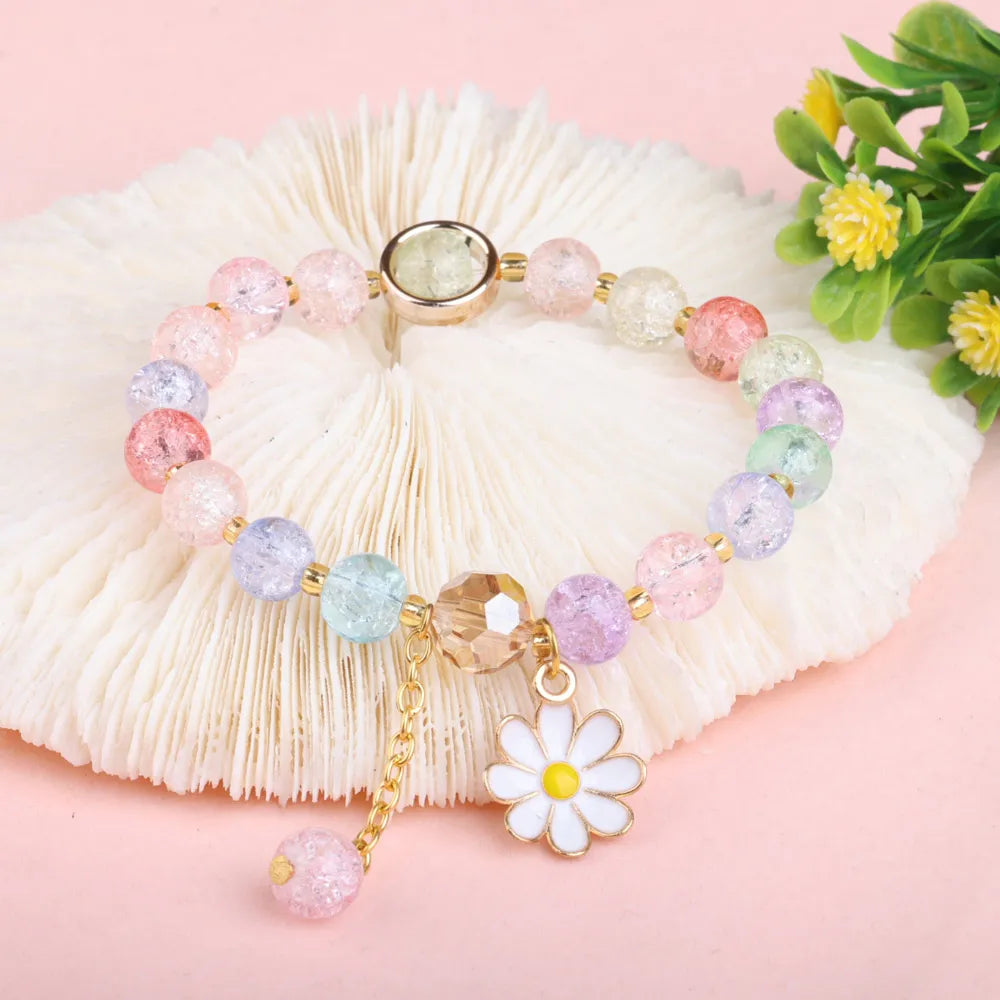 8mm Beaded Elastic Enamel Sunflower Charm Crack Crystal Bracelets