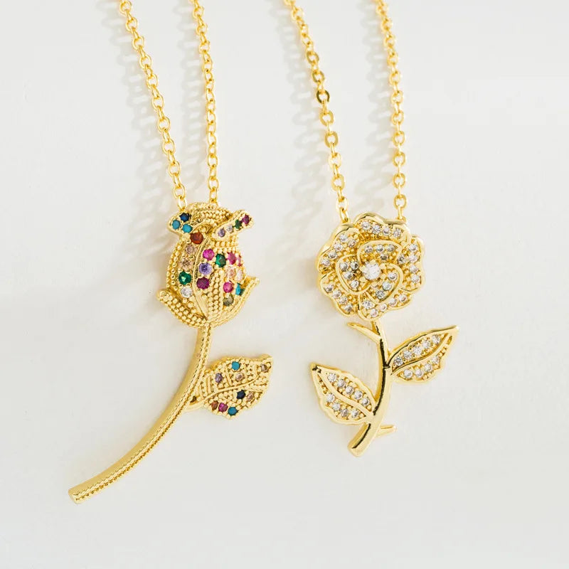 Fashion Luxury Jewelry  Valentine's Day Gifts  18k Gold Plated Rose Flower Pendant with Diamond Necklace for Women