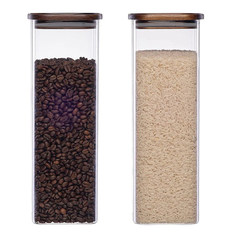 Square Black Acacia 1000ml 2000ml 3000ml Stackable Coffee Pasta Airtight Food Storage Container Glass Pantry Jar with Wooden Lid