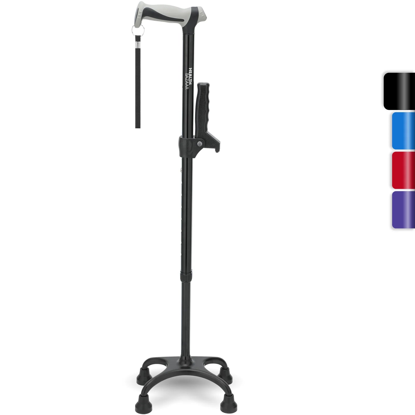 HEALTHBAZAAR Free Standing Durable Aluminum Quad Cane with Rubber Grip 39 in Adjustable Height for Elderly 300 lb Load Capacity