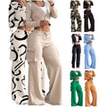 Fall Two Piece Set Women Clothing Patchwork Wide Leg Pants and Long Sleeve Short Top Outfits for Women Pants Set With Pocket