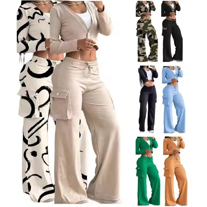 Fall Two Piece Set Women Clothing Patchwork Wide Leg Pants and Long Sleeve Short Top Outfits for Women Pants Set With Pocket