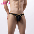 Fashion Spandex Faux Leather Men's Lingerie Briefs Thong Bright Gold Cross Men Wearing Panties