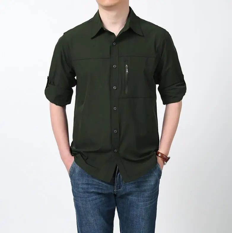 Men's Spring Outdoor Casual Shirts Knitted Turn-Down Collar Button Tops Zipper Pocket Sustainable Anti-Pilling Weaving Method