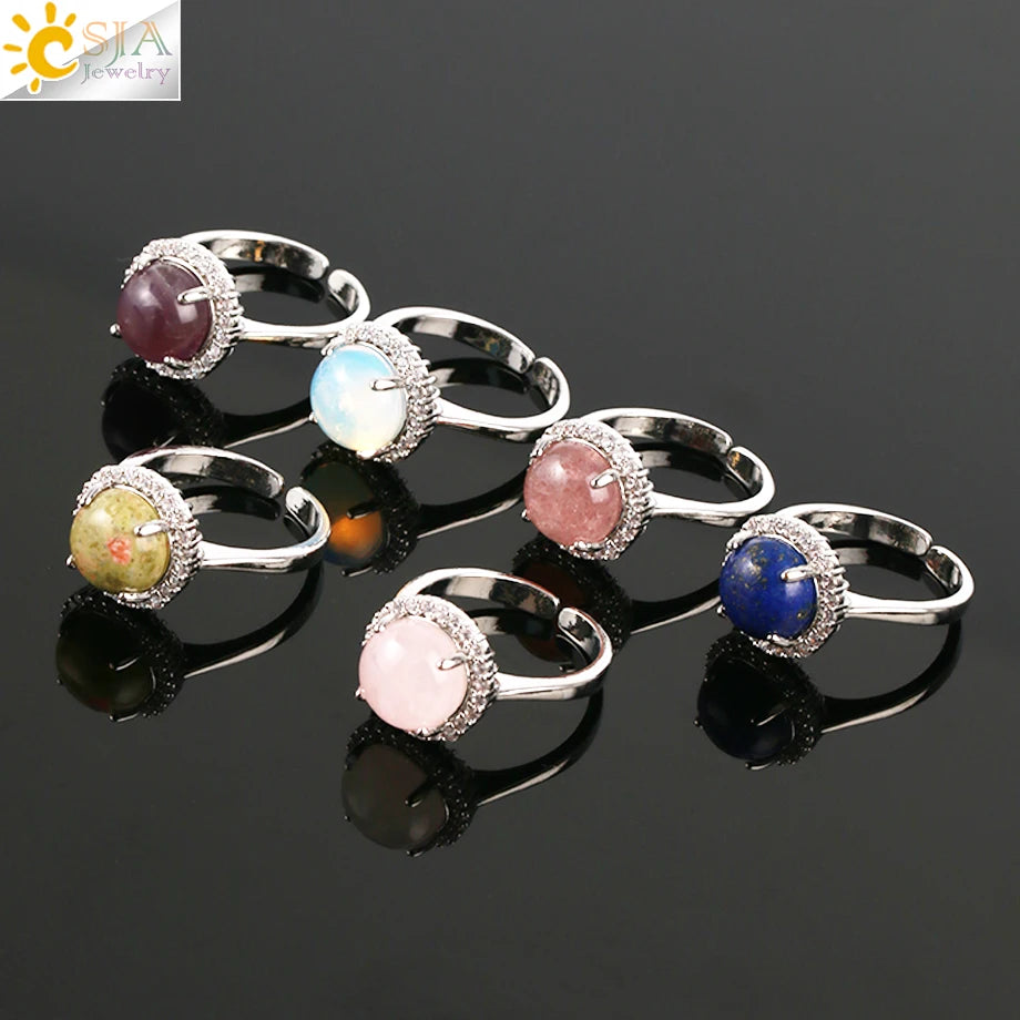 CSJA Trendy Jewelry Luxury Zircon Ring Natural Stone Round Cabochon Turquoise Rose Quartz Crystal Rings for Women Teen Girl H263
