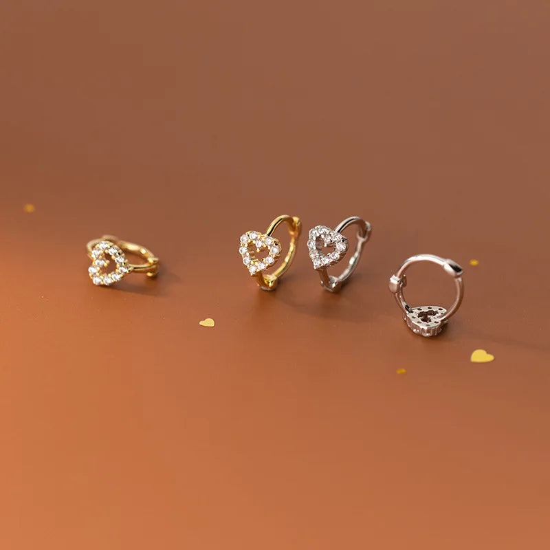 Korean Design New S925 Sterling Silver Cubic Zircon Hollow Heart Shape Clip Earrings for Women Gifts