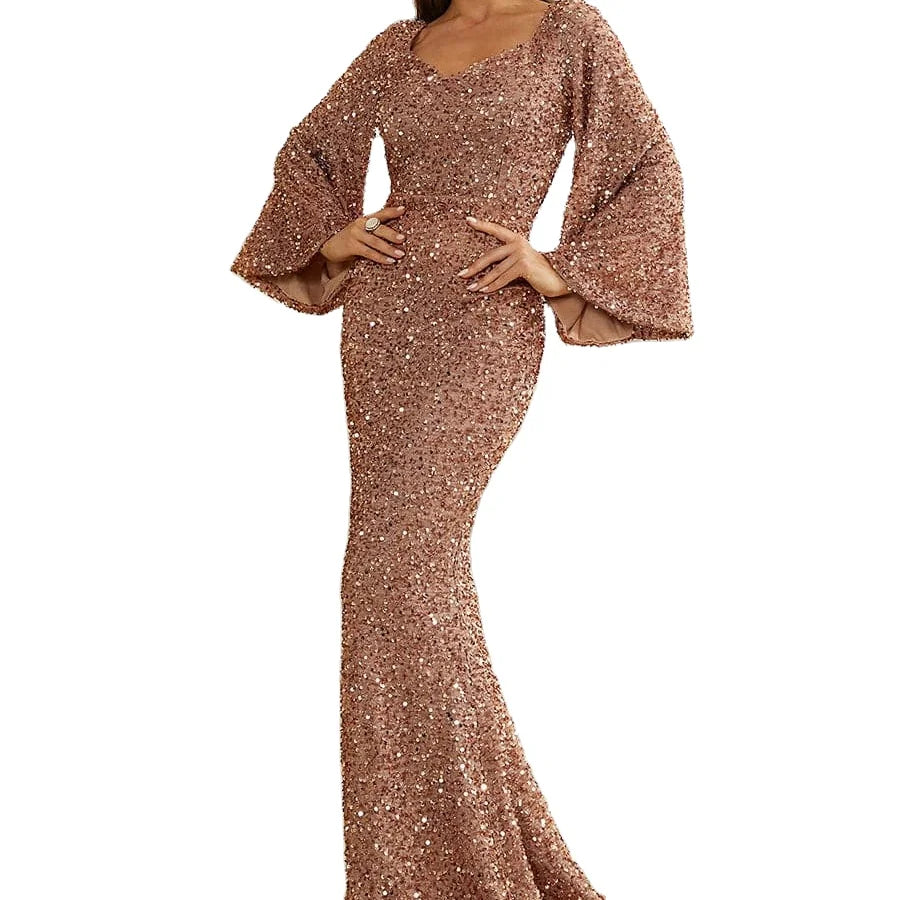 2023 Women's Spring/Summer New Fashion V-neck Wrap Hip Sequin Dress Mid Waist Flare Sleeve Long Evening Dress