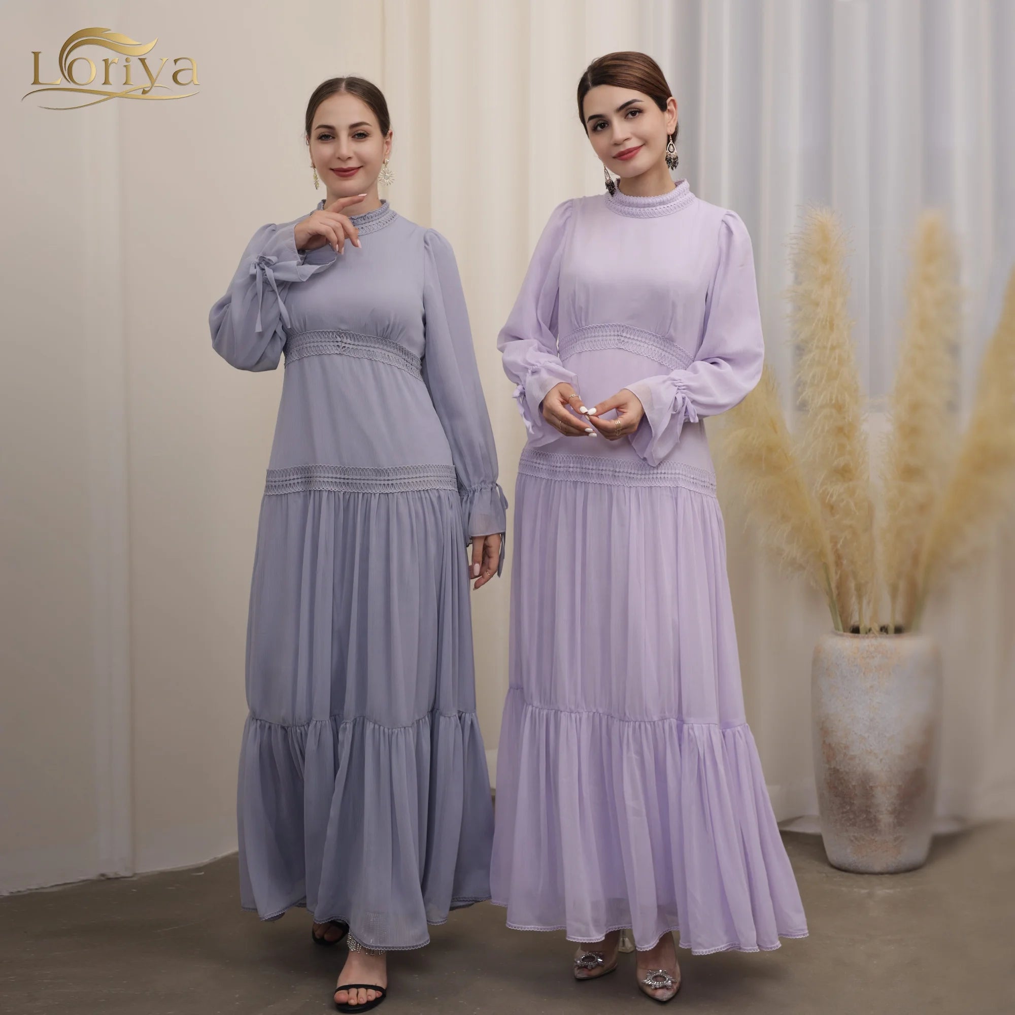 OEM Loriya Elegant Long Sleeve Chiffon Lace Modest Dresses Abaya for Women Muslim Dress Abaya Islamic Clothing Summer Abaya