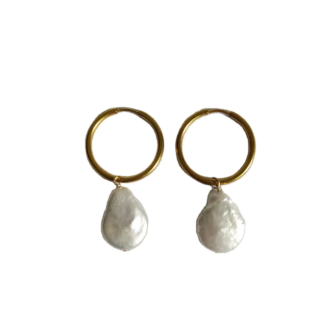 18K Gold Plated Women's Jewelry Trendy Big Stainless Steel Hoop Teardrop Real Natural Baroque Freshwater Pearl Earrings Gifts
