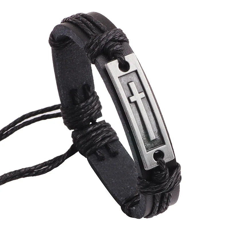 Wholesale Popular Metal Alloy Cowhide Bracelet Cross Leather Adjustable Woven Bracelet Jewelry for Man Gift