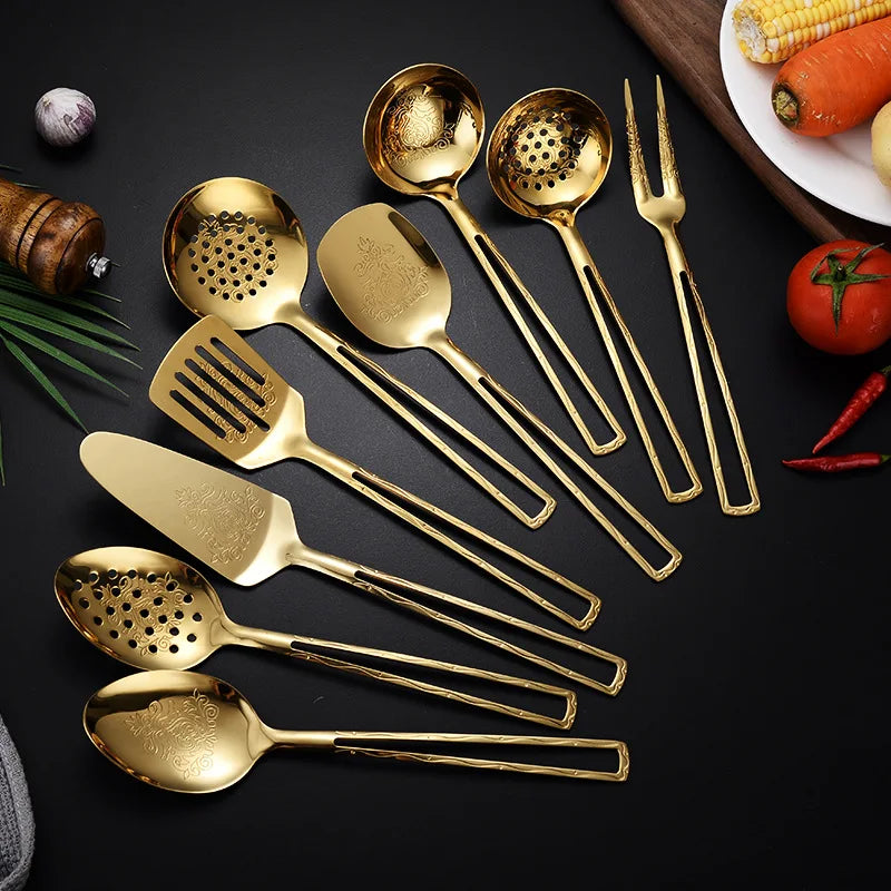 Royal Gold Buffet Serving Set Stainless Steel Hollow Handle Laser Floral Kitchen Cooking Utensils Utensilios De Cocina
