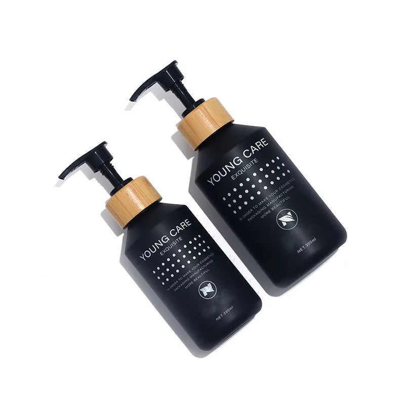 200ml High Quality Oblique Shoulder Matte Black Plastic Bamboo Pump Empty Shampoo Pet Bottle