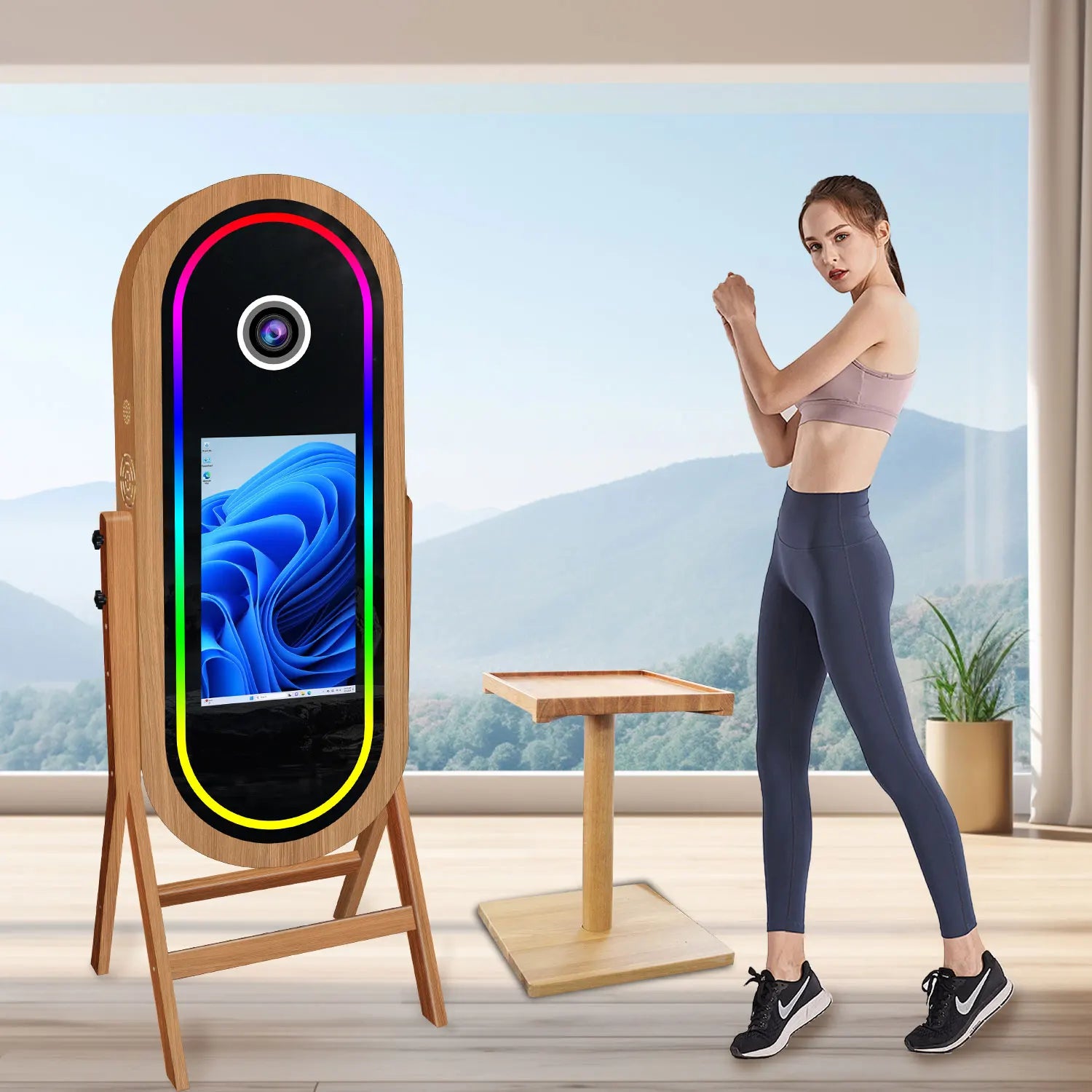 21.5 Inch Interactive Wooden Magic Mirror Photo Booth with SLR/Camera Compatibility Instant Print Events Selfie Stand