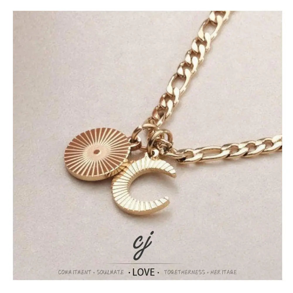 Carline Stainless Steel Gold Plated Moon and Sun Matching Pendant Necklace with Rope Link Chain for Women