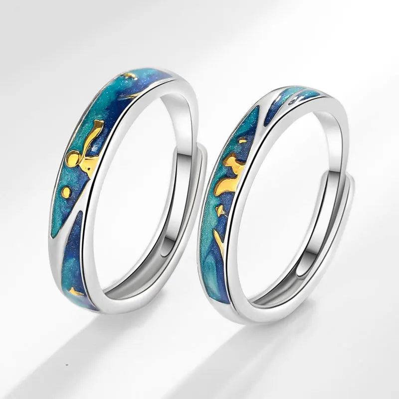 2Pcs/Set Silver Color and Fox Couple Rings Adjustable Ring Lover Anniversary Gift for Women Men Jewelry