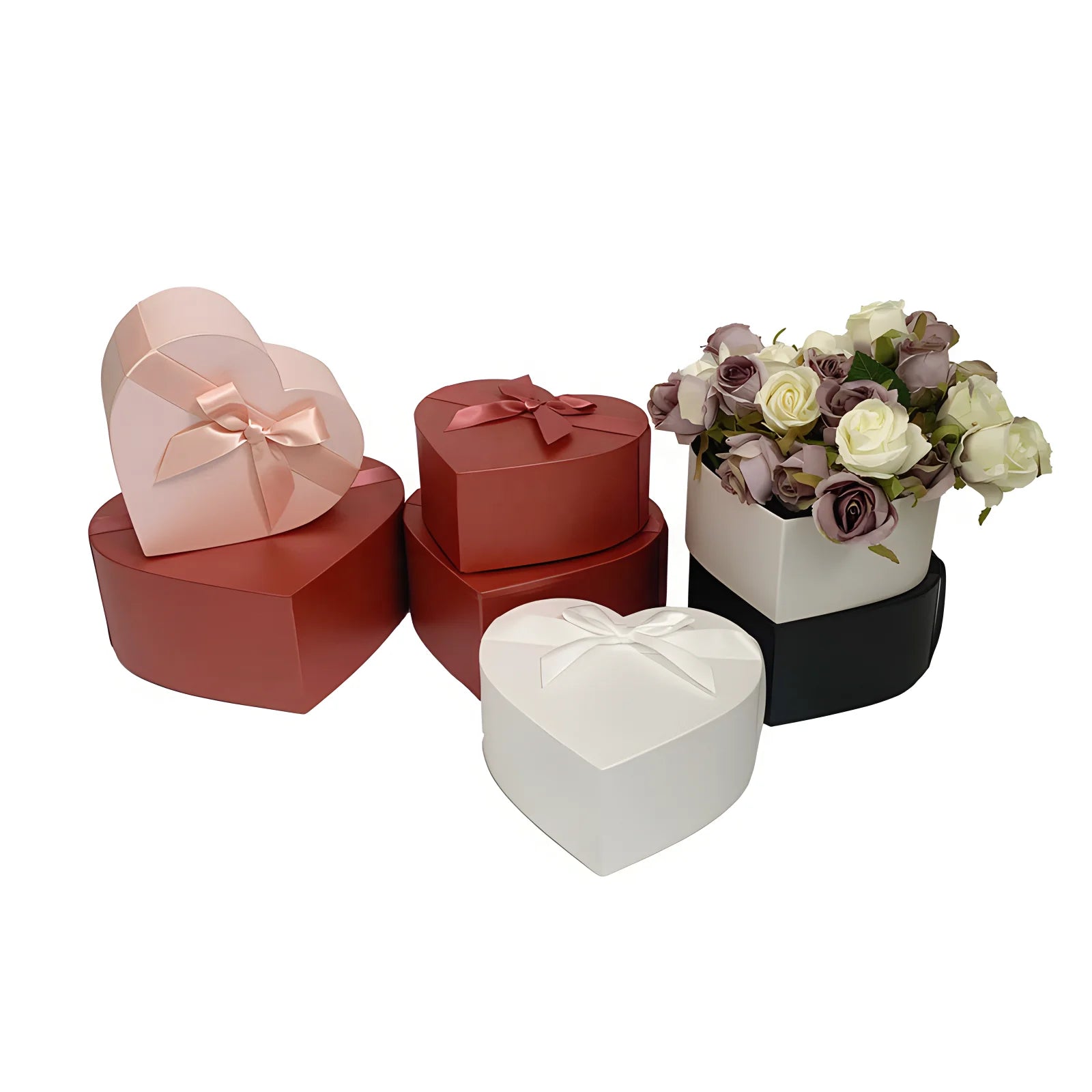 In Stock Heart-Shaped Hat Box Gift Set of Three Custom Flowers Gift Packing with Bow Matt Lamination Printing