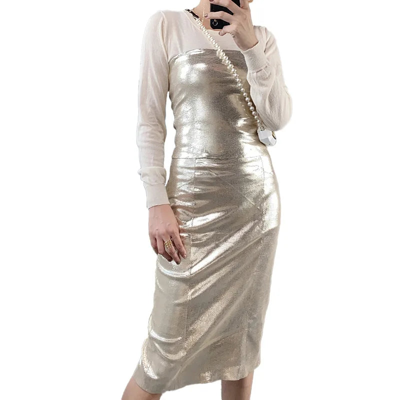 New Fashion Leather Tops Skirts Genuine Sheepskin Leather 2 Piece Set Women