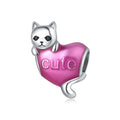 Cute Pink Enamel Cat Charm Plata 925 Sterling Silver Animal Heart Shaped with Zircon for Party Jewelry Bracelet Necklace Making