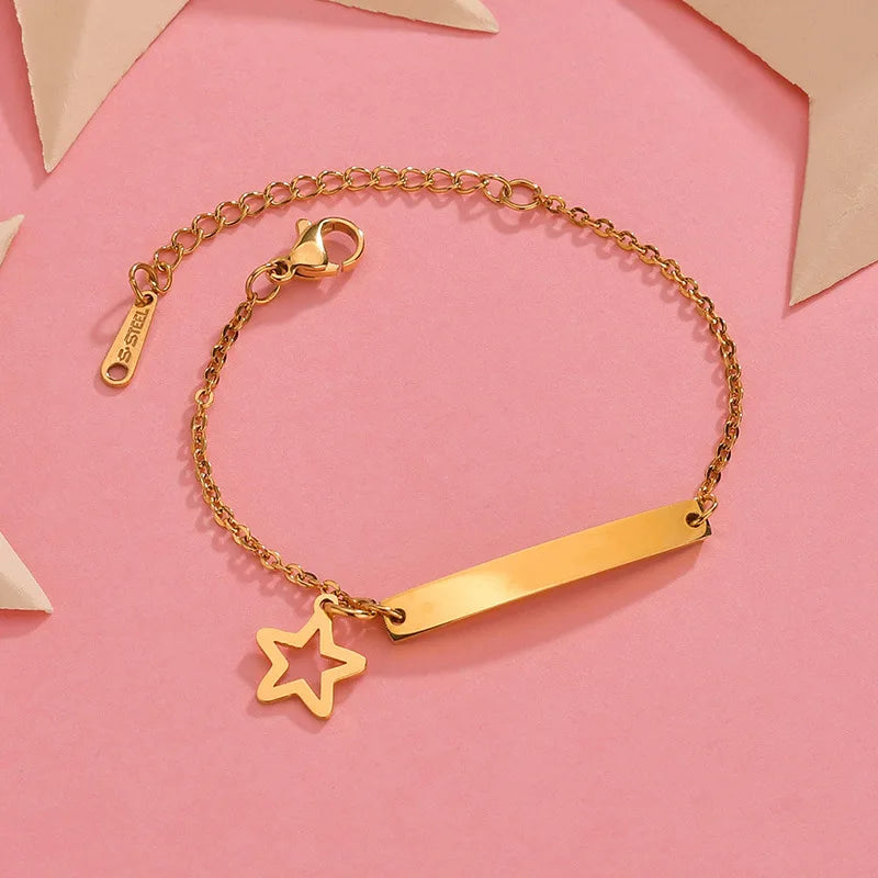 Custom Lettering Blank Plate Bracelet Crown Star Heart Charm Gold Silver Color Stainless Steel Chain Statement Bracelet