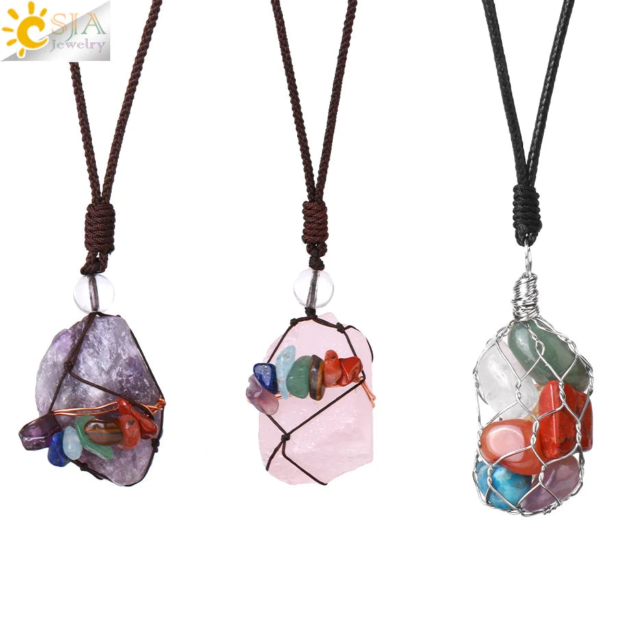 CSJA Wholesale  Rope Wrapped Energy Reiki Healing Natural Stone Irregular 7 Chakra Quartz Necklace for Women H131