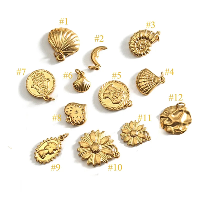 Dainty Moon Pendants 18k Gold Sunflower Pendant Religious Jesus Medal Jewelry Stainless Steel Seashell Charm Virgin Mary Pendant