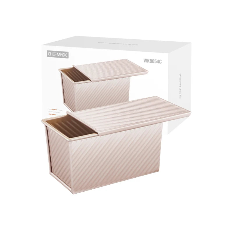 CHEFMADE Non Stick Bakeware Baking Toast Box Carbon Steel Corrugated Pullman Long Bread Loaf Pan With Lids Cover