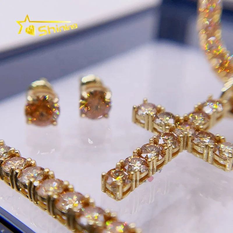 4MM Sterling Silver Yellow Gold Champagne Color Moissanite Cross Charm Jewelry Set Tennis Chain Set with 6.5mm Stud Earrings