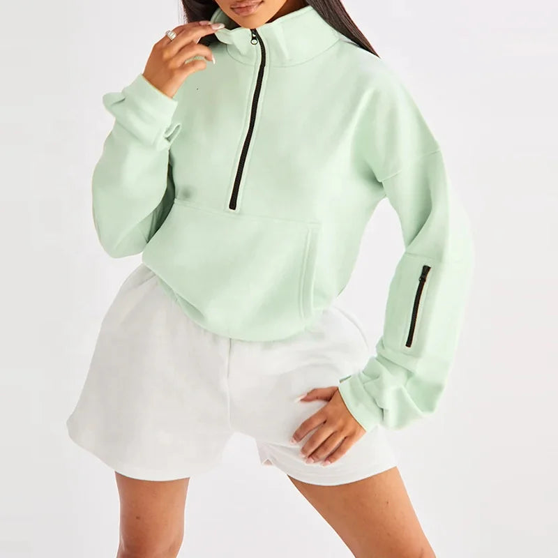 OEM Manufacturer Women's Casual Half Zip Hoodie Sweatshirt Fleece Jumper Crop Top for Autumn Front Logo Position