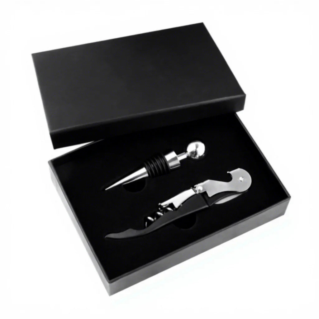 Free Sample Personalize Waiters Red Wine Stopper and Cork Screw Opener 2Pcs Gift Box Set Stainless Steel Bar Accessories Wine