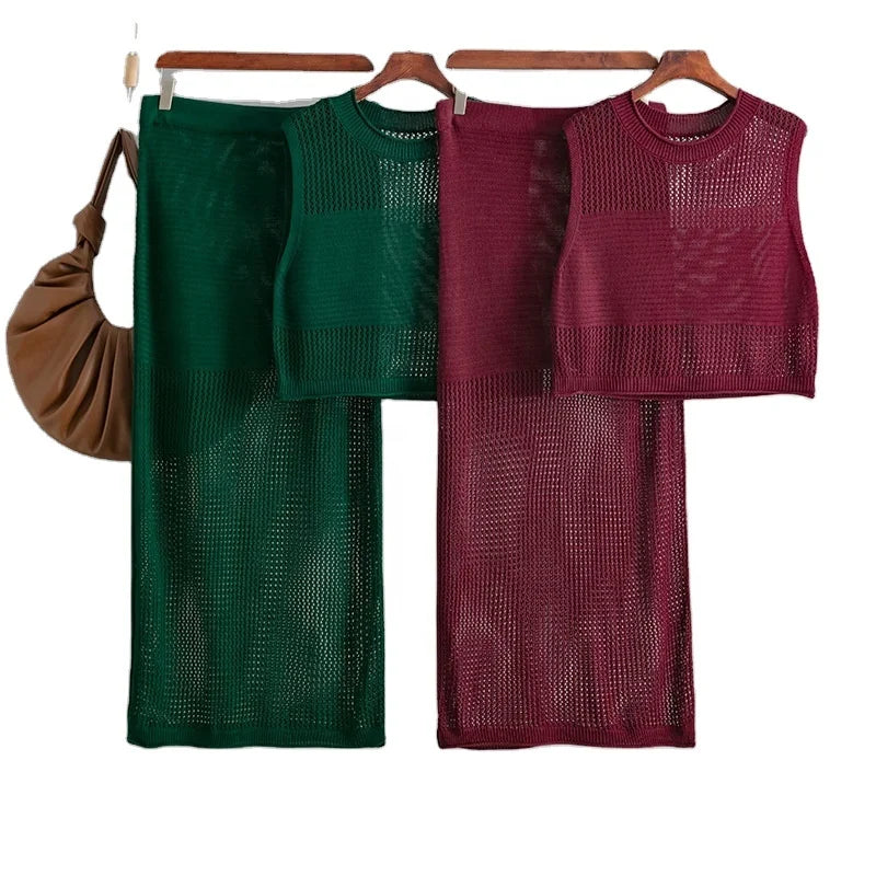Europe and the United States New Women's Summer Short Vest Top Two-piece Set Split Buttock Wrap Skirt