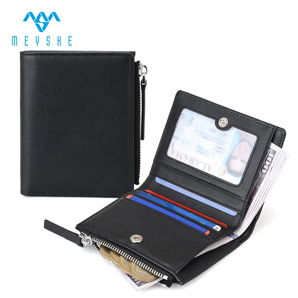 Factory Price Custom Luxury Black Genuine Leather RFID Blocking Wallet Coin Purse Card Holder With Button and Zipper
