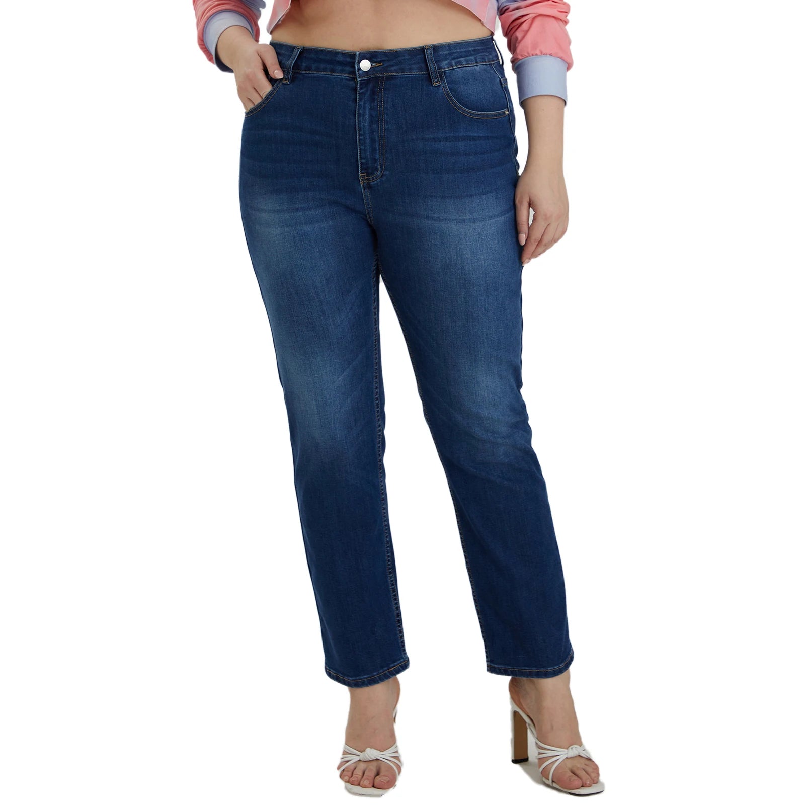 Plus Size Women's Casual High Waist Straight Denim Pants Full-Length Stretchy Pencil Jeans in Dark Blue for Moms