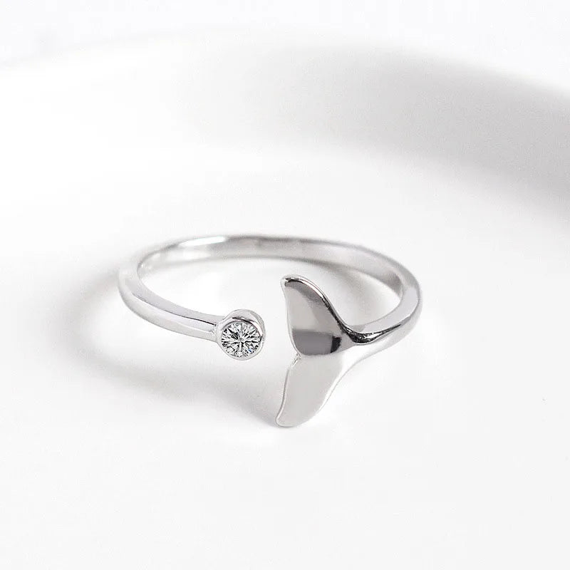 925 Sterling Silver Zircon Diamond Index Finger Ring Opening Adjustable Size Women Girls Mermaid Whale Tail Fish Tail Ring