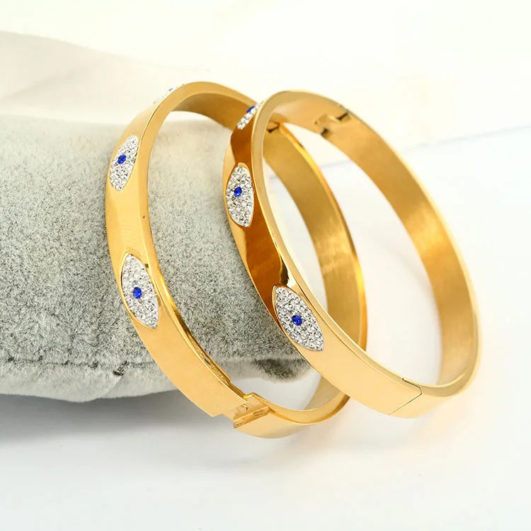 BS2037 Gold Plated Stainless Steel Crystal Pave Evil Eyes Wrist Bracelet Bangle Jewelry for Women Protective Spiritual Jewelry