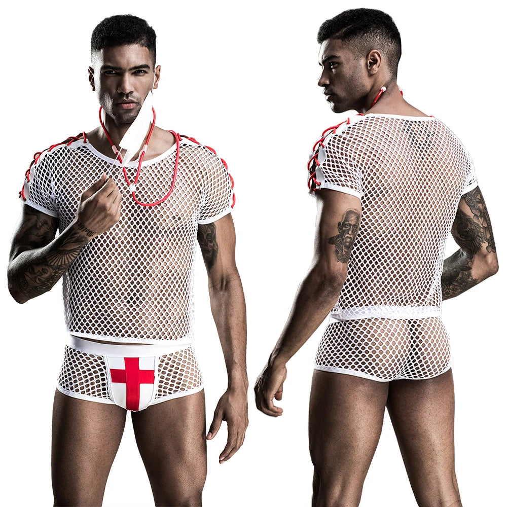 JSY Lingerie White Fishnet Tops and Shorts Sexy Cosplay Doctor Costumes for Men