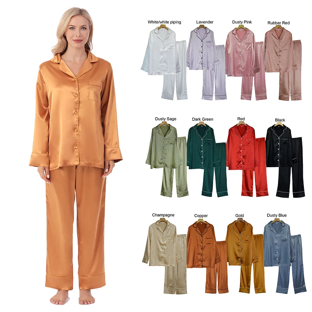 Wholesale Satin Silk Pajamas Women Smooth Soft Breathable Ice Silk Long Sleeve Long Pants 2 PCS Sleepwear Button Down Loungewear