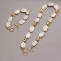 Unique Genuine Dainty Rectangle Baroque Pearl Beaded Chain Necklace Brass Beads with Fine Gold Plated and Bracelet Set