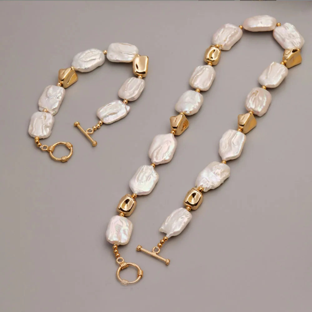 Unique Genuine Dainty Rectangle Baroque Pearl Beaded Chain Necklace Brass Beads with Fine Gold Plated and Bracelet Set