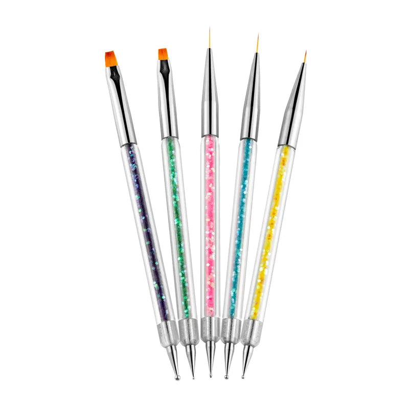 Set 5 UV Gel Polish Painting Drawing Line Flat Dotting Tips Tool DIY Manicure 2-Way Nylon Pen Sequins Acrylic Handle Nail Art