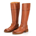 Vintage Women's Fashion Knee High Boots Flat Low Heel Boot Round Toe Side Zip Riding Calfskin Leather Booties