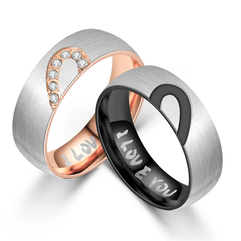 Women Men Engagement Jewelry I Love You Couple Wedding Band Ring Stainless Steel CZ Stone Anniversary Promise Ring for Men Women