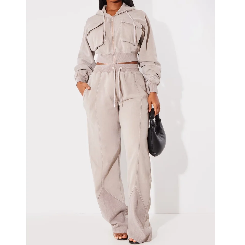 2 Piece Set Sweatpants and Cropped Zip up Cargo Jacket Hooded Hoodie Set Pants With Drawstring Trouser Jogger Suits for Women
