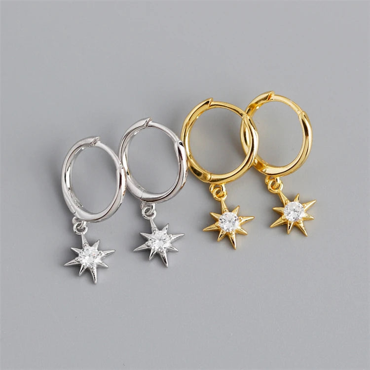 Shiny Anise Star Diamond Zircon Earrings 18k Gold 925 Sterling Silver Star Hoop Earring